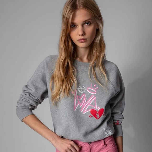Zadig & Voltaire Upper Multicusto Crewneck Sweatshirt Size S Gray with Pink - Picture 1 of 9
